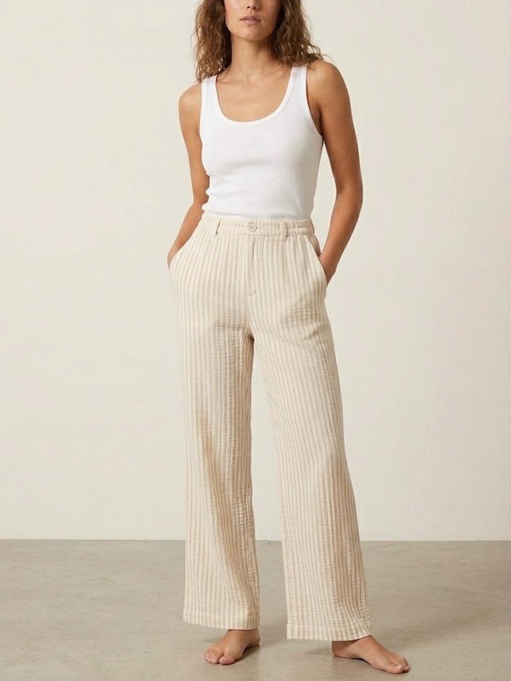 Aerie Striped Gauzy Wide Leg Lightweight Lounge Pants Cream Large Short